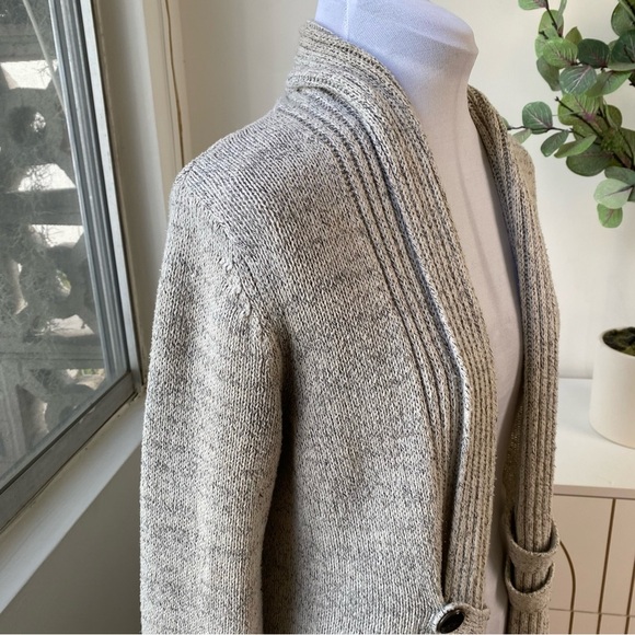 FORTUNE + IVY Longline Buckle Cardigan/ Coatigan in Heathered Oatmeal, Size S - Picture 5 of 9